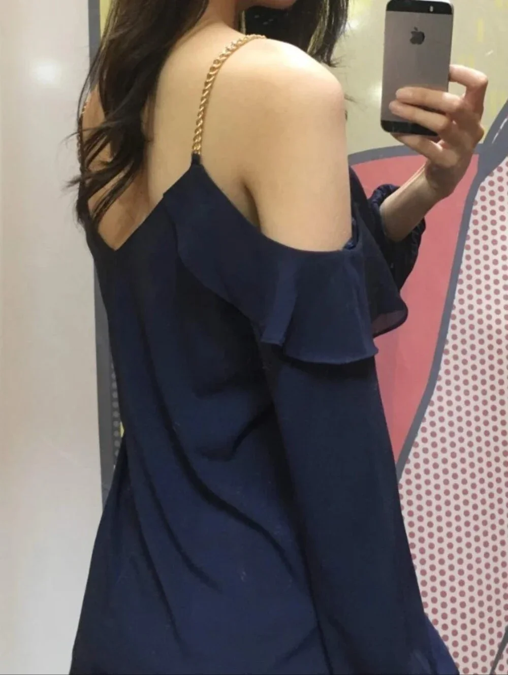 Michael Kors Ruffle Cold Shoulder Gold Chain Top Navy Blue Size S
